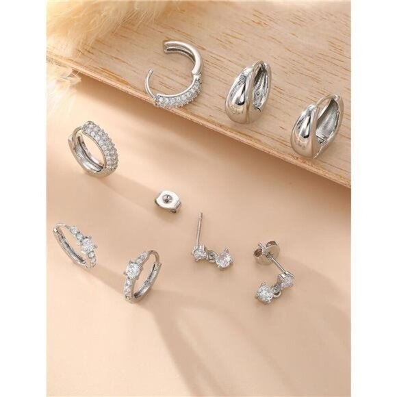 5-Pair Silver Hoop & Stud Earring Set – CZ, Huggie, Double & More Dainty Minimal - Picture 4 of 5